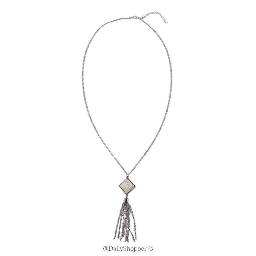 Designed by Toni 20mm Genuine Howlite Silver Toned Chain Lariat Tassel Necklace